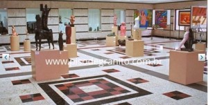 Museu com Piso de Granito Branco Dallas e detalhes em Granito Verde Ubatuba e Vermelho Brasília